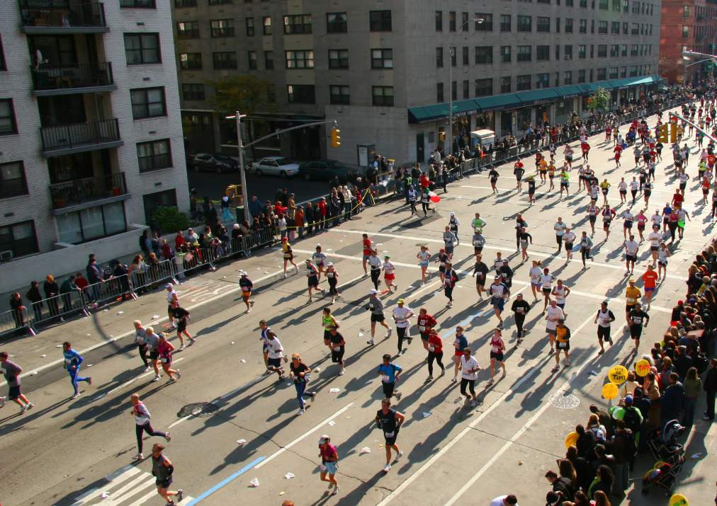 Runners and spectators on the Boston Marathon course