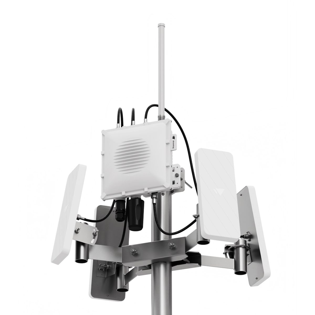 A fixed receiver with four panel antennas mounted on a pole
