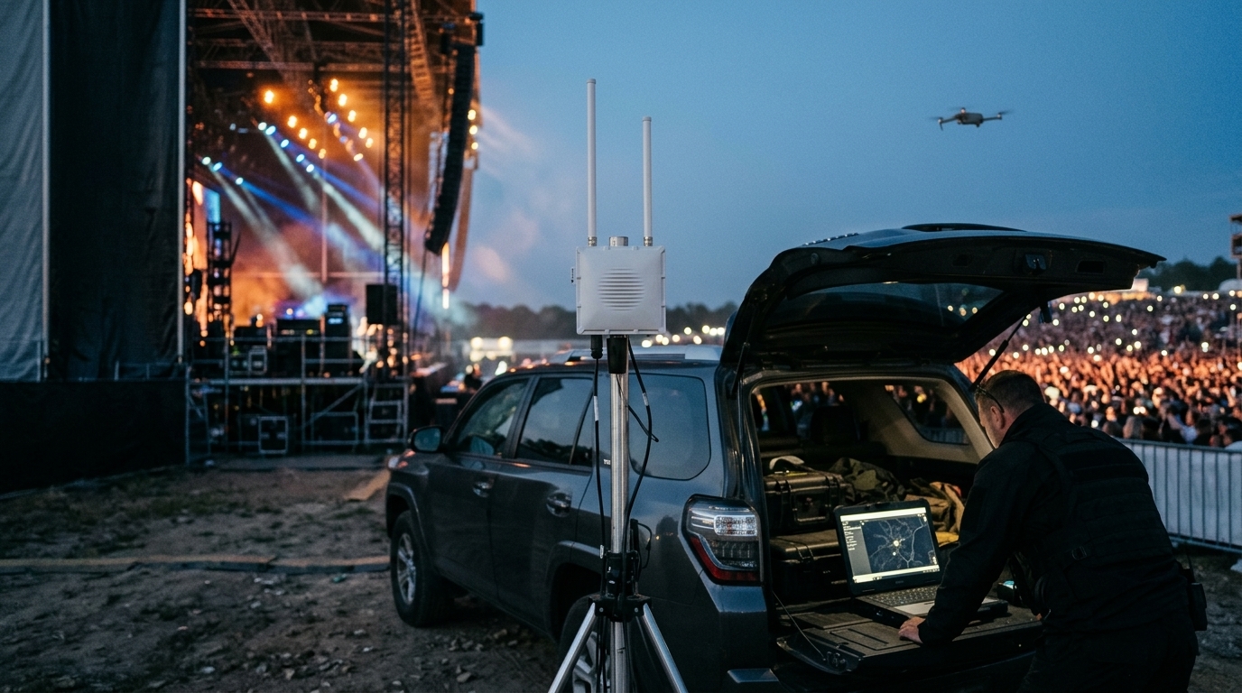 A detection receiver on a mast beside an SUV with a laptop map, behind the stage of an outdoor concert