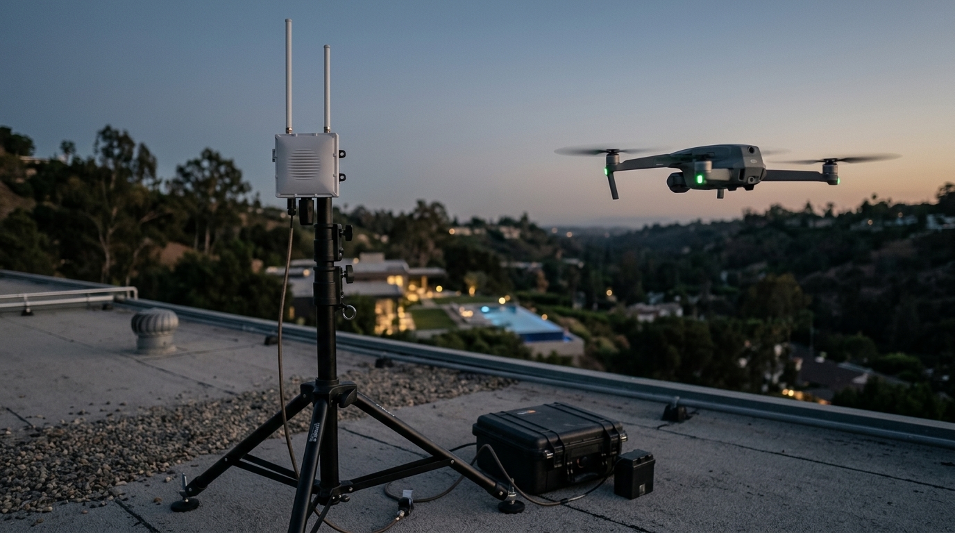 A detection receiver on a tripod mast with a hard case on a rooftop, a drone hovering nearby at dusk
